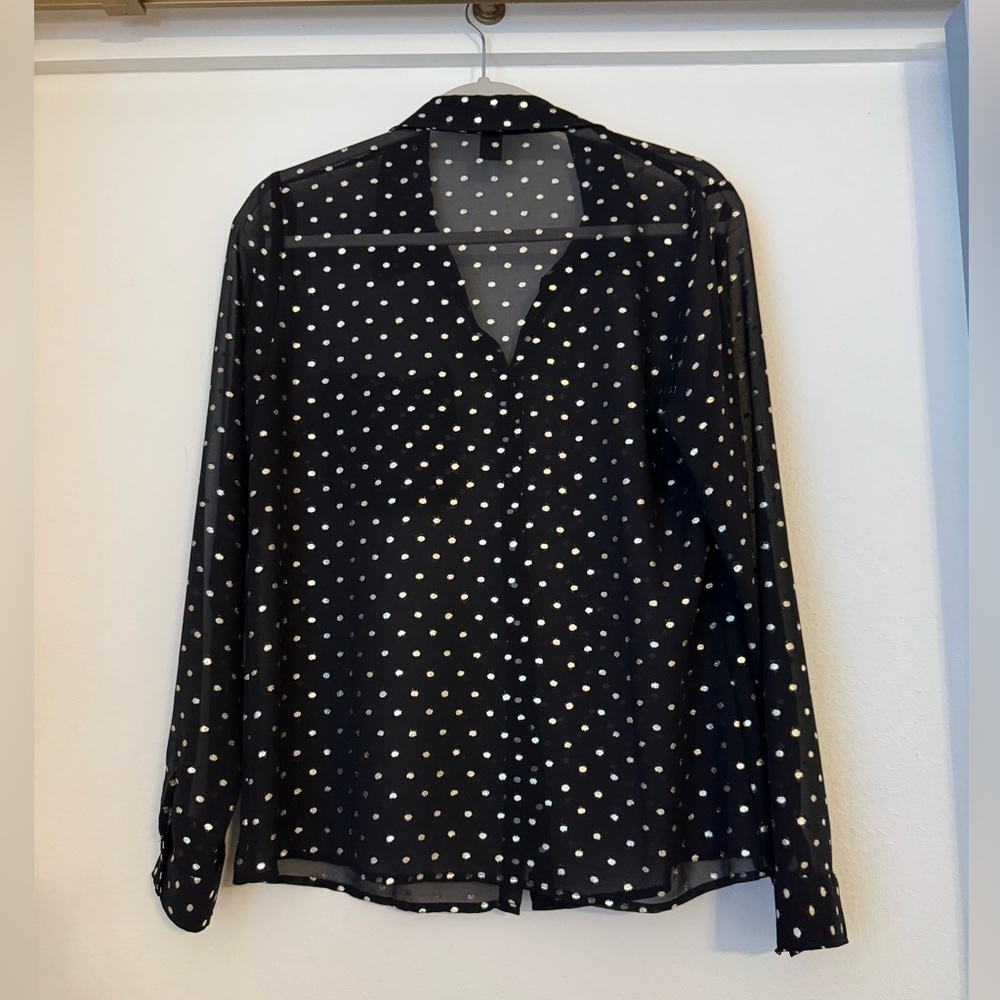 Forever 21 Black Sheer Metallic Silver Polka Dot Button Down Blouse- Medium - Picture 7 of 8